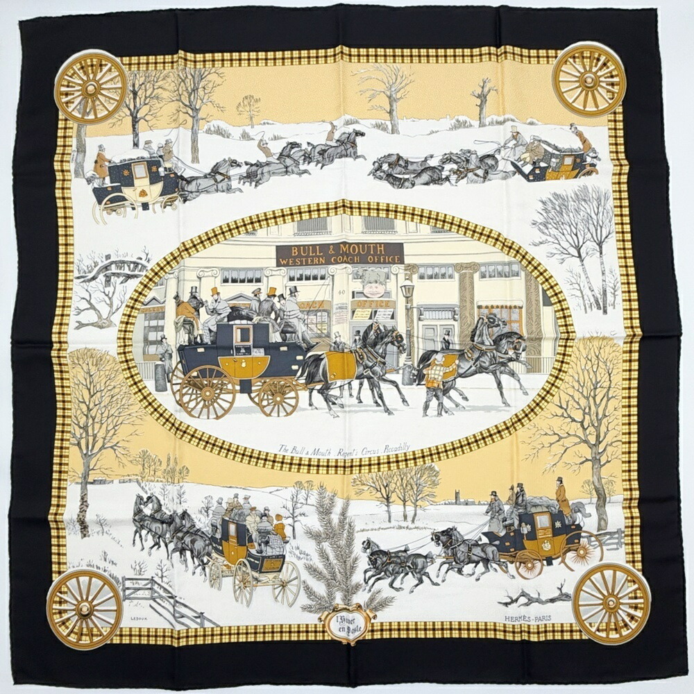 Hermes scarf/muffler, Carre 90, "L'Hiver en Poste" (Post Coach), silk, black ...